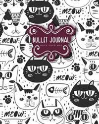 Bullet Journal Dot Grid for 90 Days, Numbered Pages Quarterly Journal Diary, Meow Cat Doodles Black and White Notebook: Large Bullet Journal 8x10 with