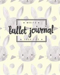 Bullet Journal Dotted Grid Dated Notebook, Cute Rabbit Bunny Pattern in Yellow Grey Cover: Large Quarterly Bullet Journal Blank Pages with Number, 150